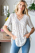 Heimish Full Size Crisscross Ditsy Floral Babydoll Top Plus Size - Desert Sunday