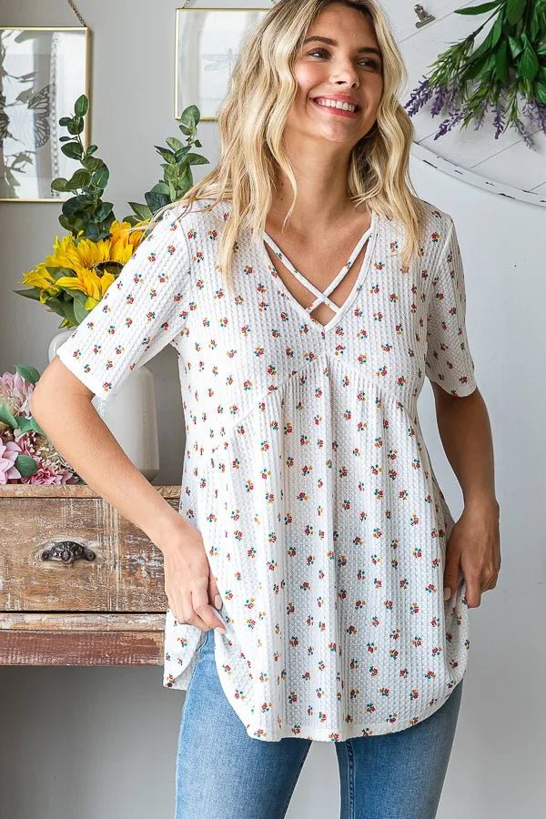Heimish Full Size Crisscross Ditsy Floral Babydoll Top Plus Size - Desert Sunday
