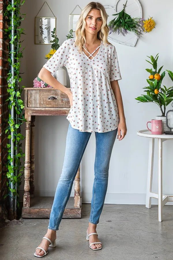 Heimish Full Size Crisscross Ditsy Floral Babydoll Top Plus Size - Desert Sunday
