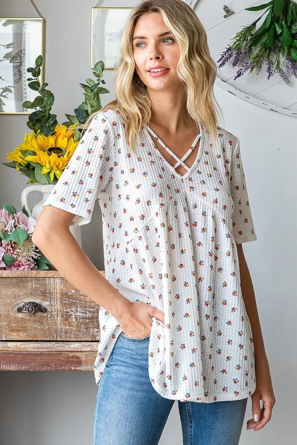 Heimish Full Size Crisscross Ditsy Floral Babydoll Top Plus Size - Desert Sunday