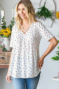 Heimish Full Size Crisscross Ditsy Floral Babydoll Top Plus Size - Desert Sunday
