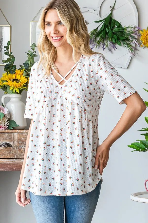 Heimish Full Size Crisscross Ditsy Floral Babydoll Top Plus Size - Desert Sunday