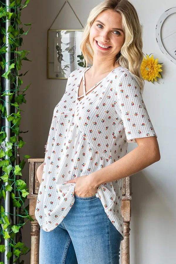 Heimish Full Size Crisscross Ditsy Floral Babydoll Top Plus Size - Desert Sunday