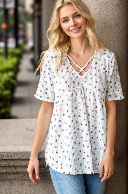Heimish Full Size Crisscross Ditsy Floral Babydoll Top Plus Size - Desert Sunday