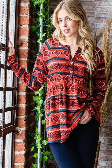Heimish Full Size Geometric Button Detail Long Sleeve Babydoll Top - Desert Sunday