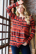 Heimish Full Size Geometric Button Detail Long Sleeve Babydoll Top - Desert Sunday
