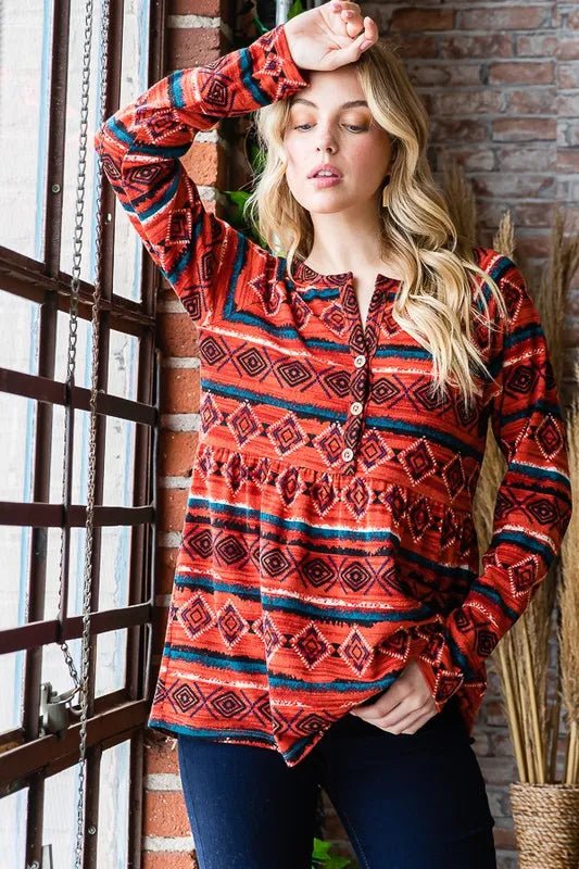 Heimish Full Size Geometric Button Detail Long Sleeve Babydoll Top - Desert Sunday