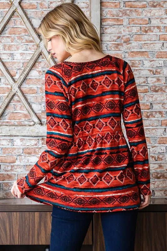 Heimish Full Size Geometric Button Detail Long Sleeve Babydoll Top - Desert Sunday