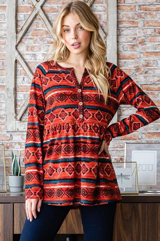 Heimish Full Size Geometric Button Detail Long Sleeve Babydoll Top - Desert Sunday
