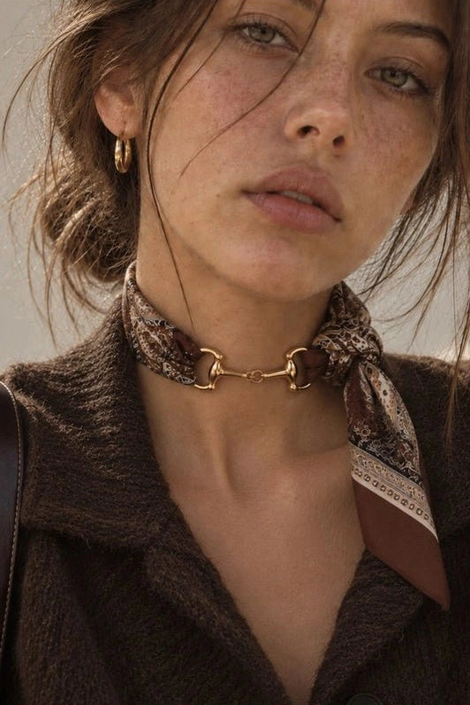 Horse Bit Silk Scarf Chocker Necklace In Brown - Desert Sunday