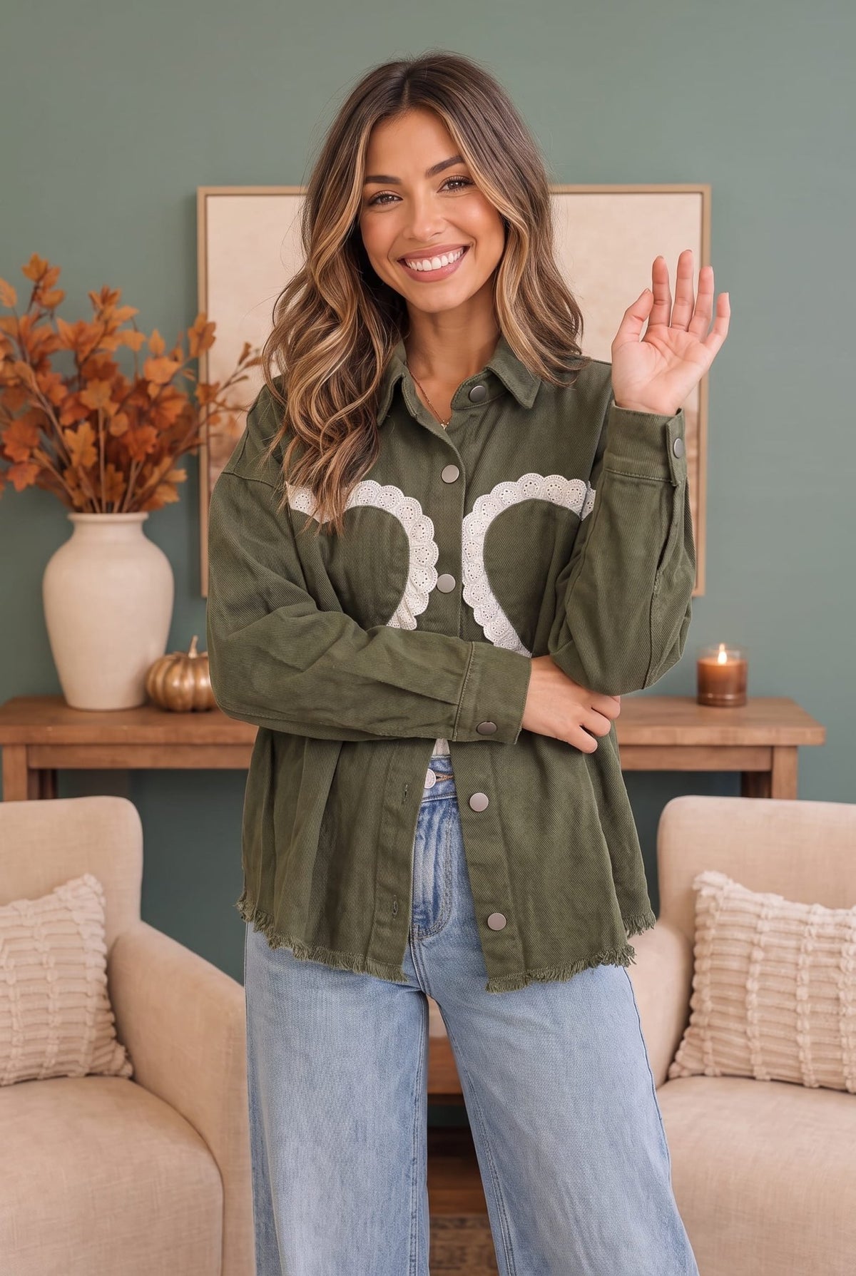 I Heart You Lace Applique Corduroy Shacket - Desert Sunday
