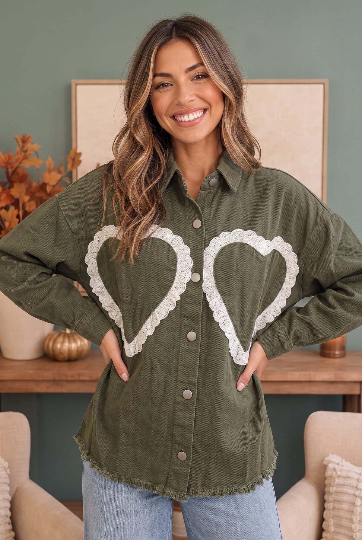 I Heart You Lace Applique Corduroy Shacket - Desert Sunday