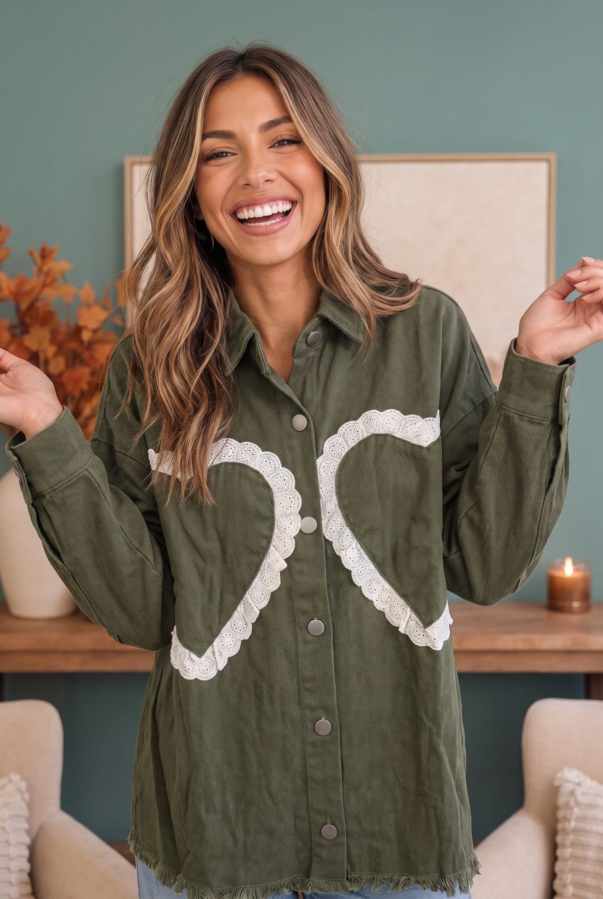 I Heart You Lace Applique Corduroy Shacket - Desert Sunday