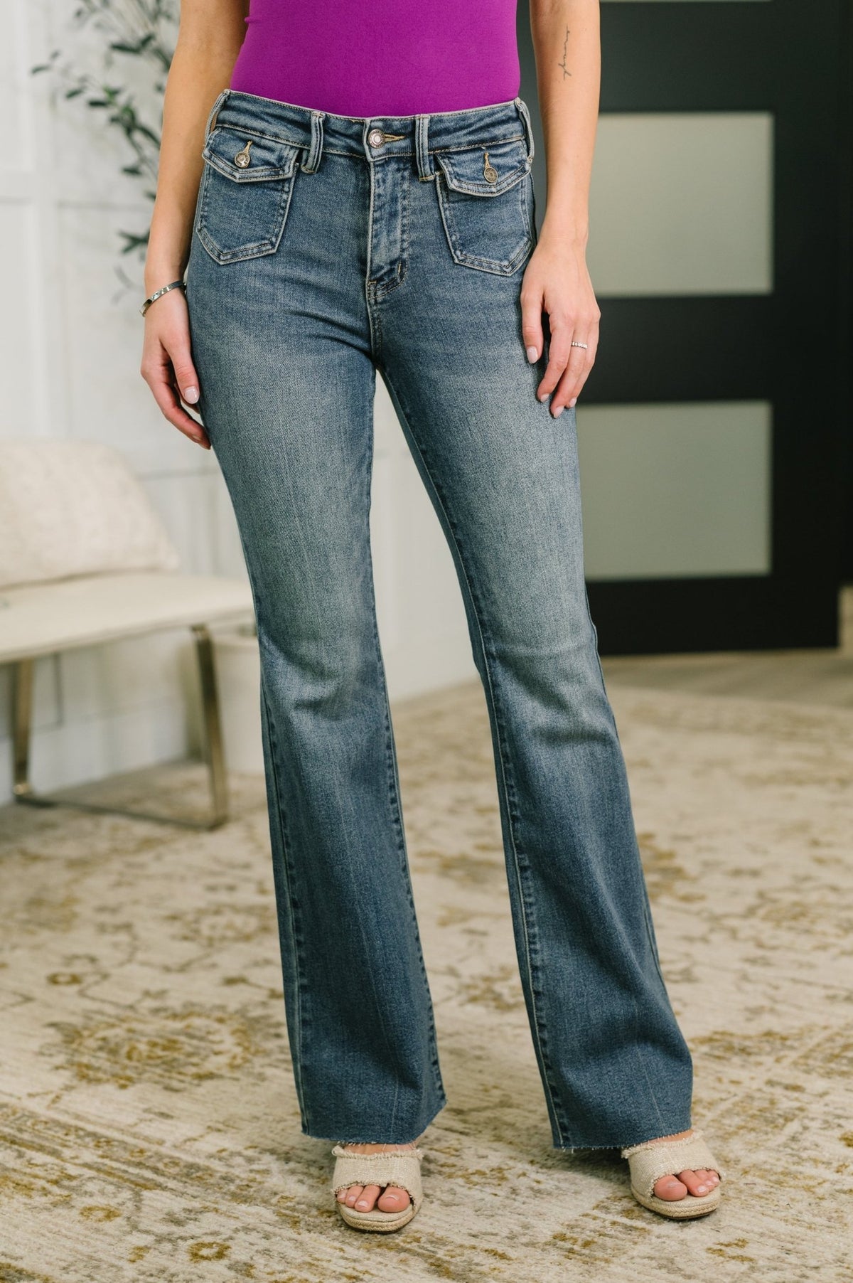 Jackie Mid Rise Flare Jean with Front Flap Pockets - Desert Sunday