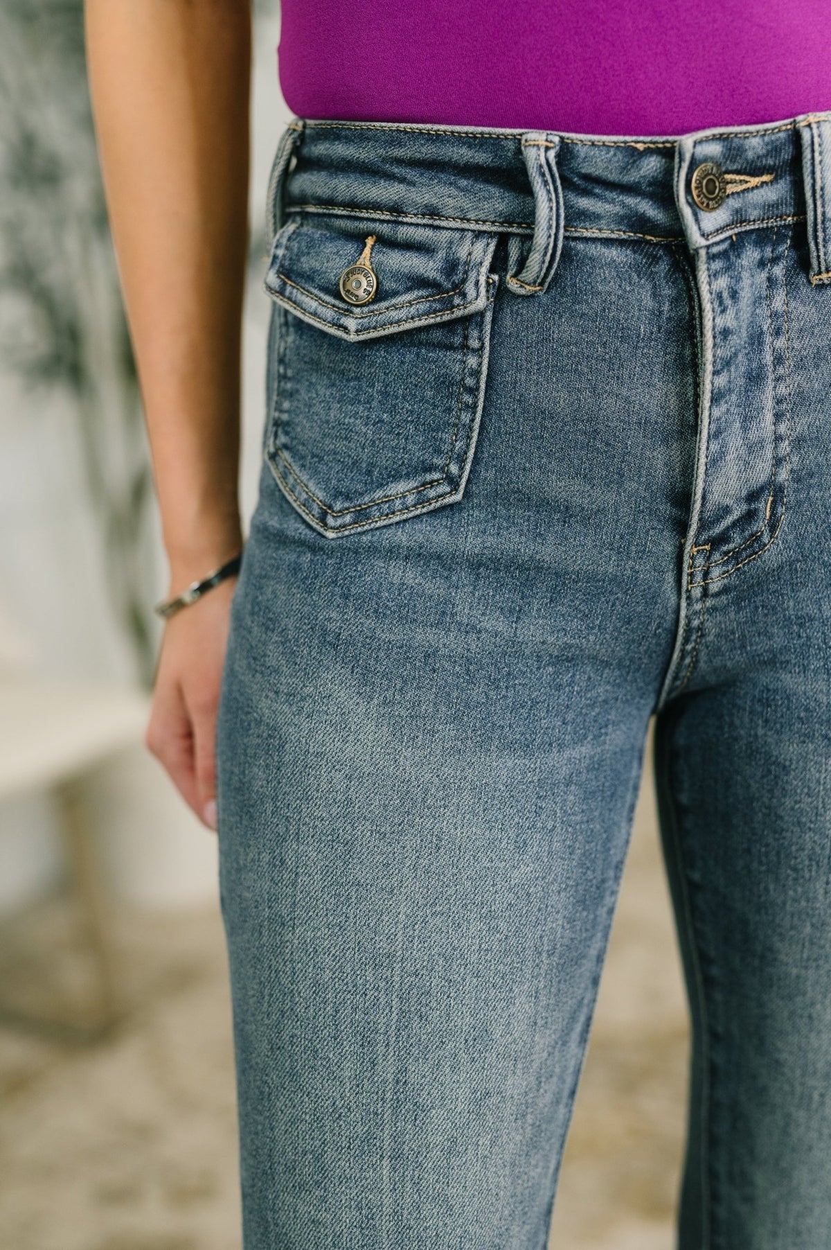 Jackie Mid Rise Flare Jean with Front Flap Pockets - Desert Sunday