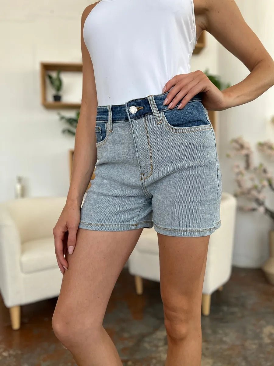 Judy Blue Full Size Color Block Denim Shorts - Desert Sunday