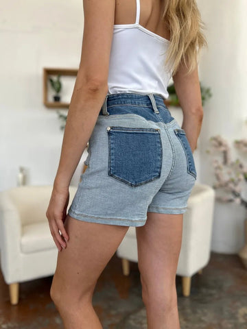 Judy Blue Full Size Color Block Denim Shorts - Desert Sunday