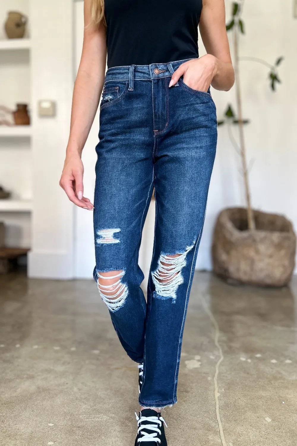 Judy Blue Full Size High Waist Rigid Magic Heavy Destroy Straight Jeans - Desert Sunday