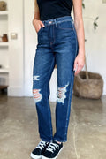Judy Blue Full Size High Waist Rigid Magic Heavy Destroy Straight Jeans - Desert Sunday