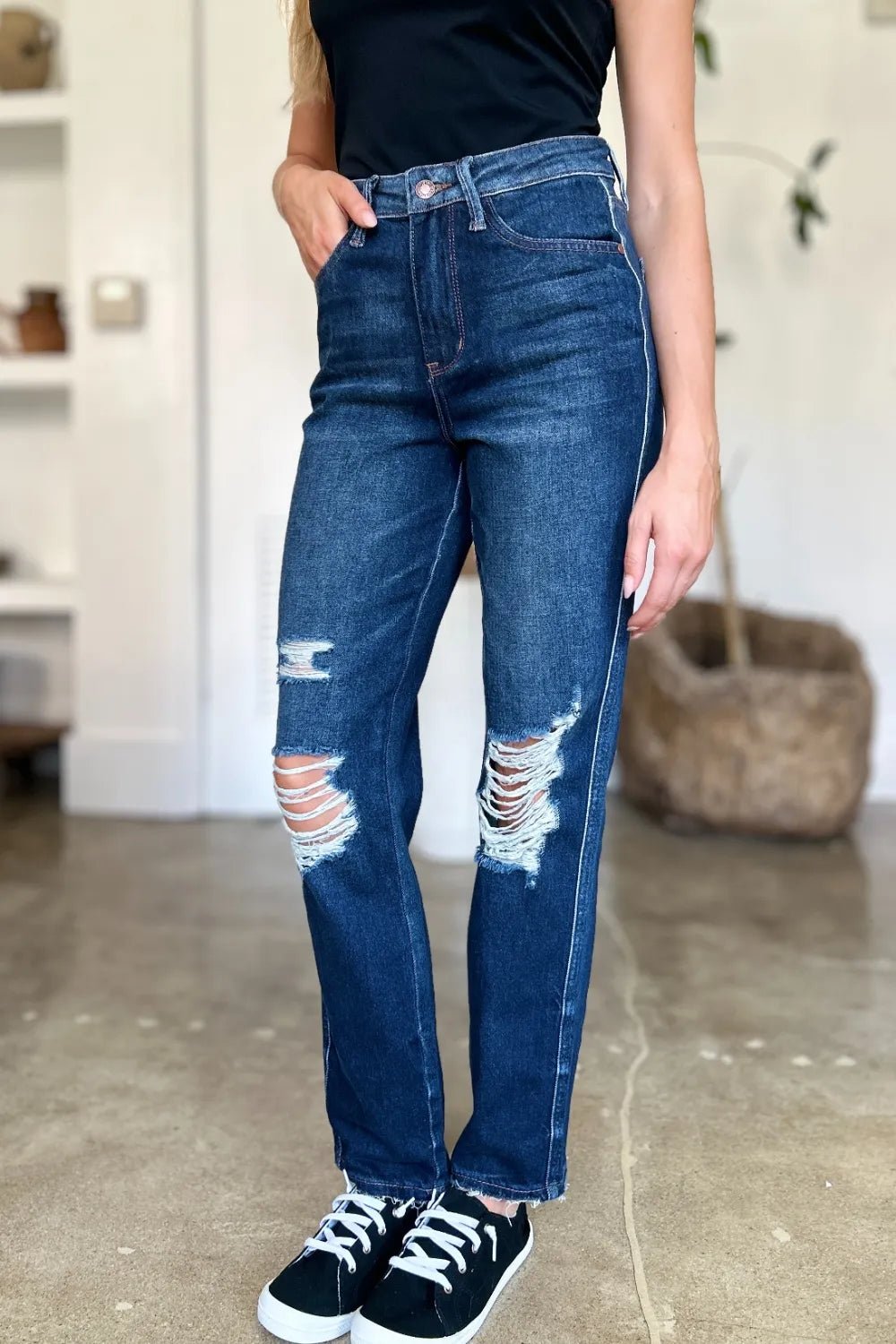 Judy Blue Full Size High Waist Rigid Magic Heavy Destroy Straight Jeans - Desert Sunday