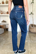 Judy Blue Full Size High Waist Rigid Magic Heavy Destroy Straight Jeans - Desert Sunday