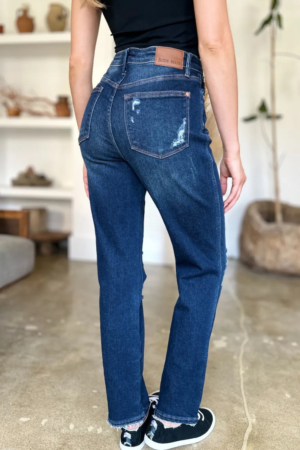Judy Blue Full Size High Waist Rigid Magic Heavy Destroy Straight Jeans - Desert Sunday