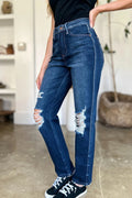 Judy Blue Full Size High Waist Rigid Magic Heavy Destroy Straight Jeans - Desert Sunday