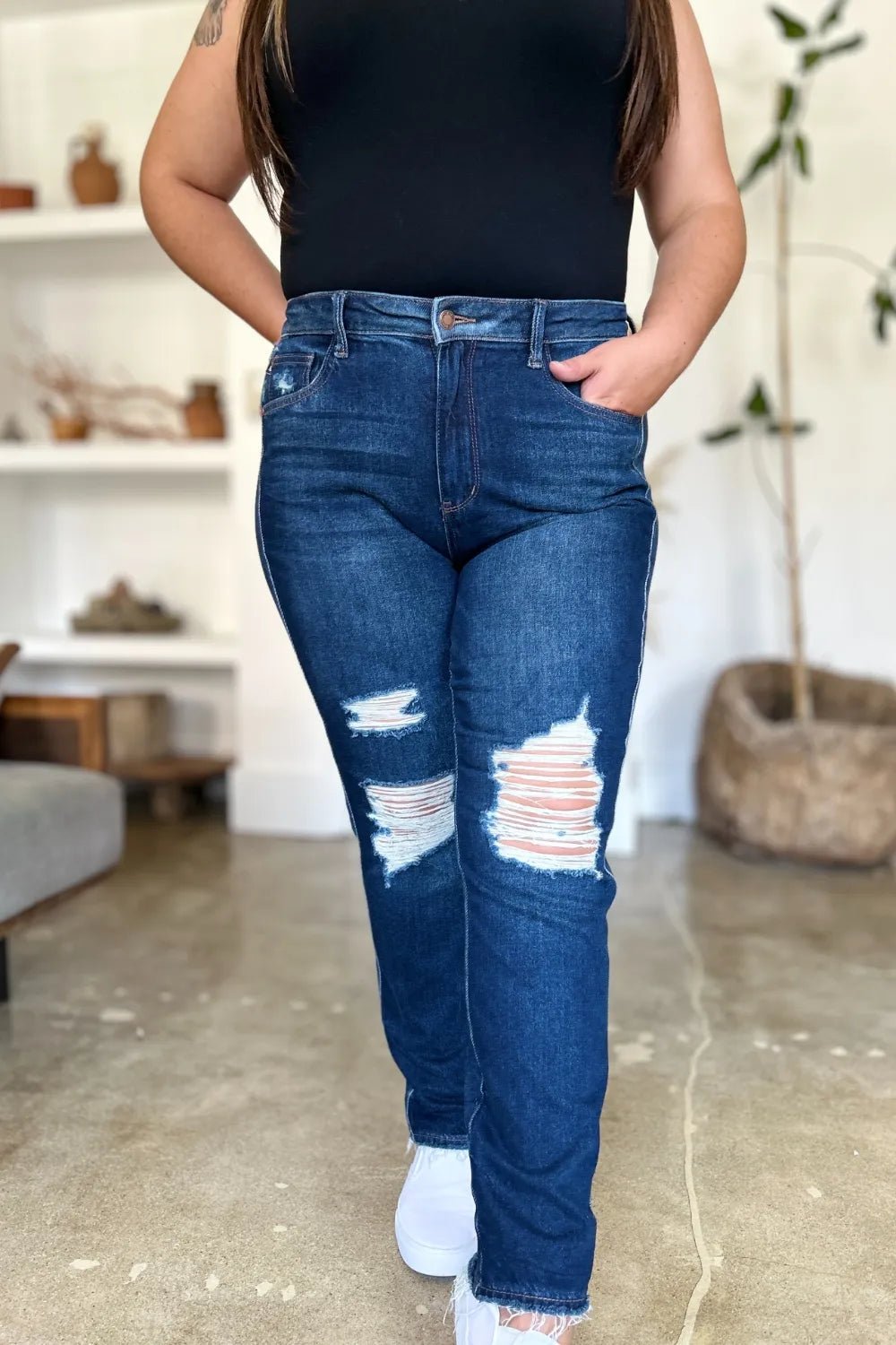 Judy Blue Full Size High Waist Rigid Magic Heavy Destroy Straight Jeans - Desert Sunday