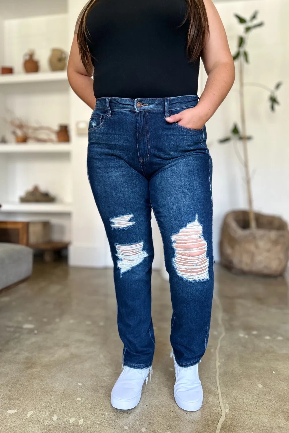 Judy Blue Full Size High Waist Rigid Magic Heavy Destroy Straight Jeans - Desert Sunday