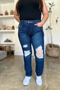 Judy Blue Full Size High Waist Rigid Magic Heavy Destroy Straight Jeans - Desert Sunday