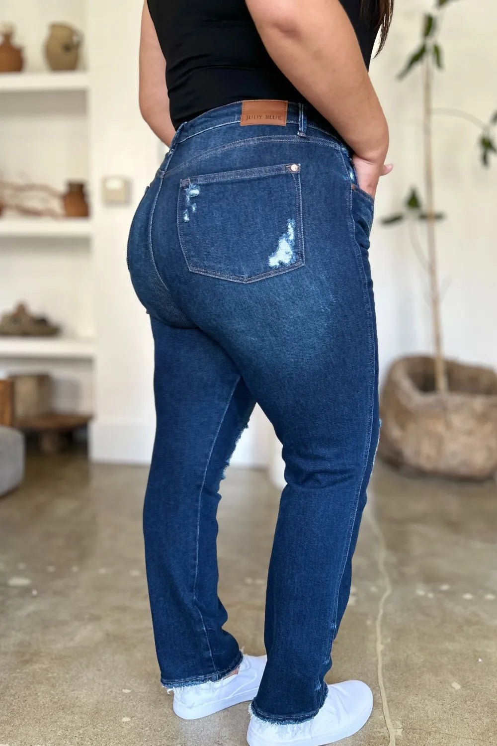 Judy Blue Full Size High Waist Rigid Magic Heavy Destroy Straight Jeans - Desert Sunday