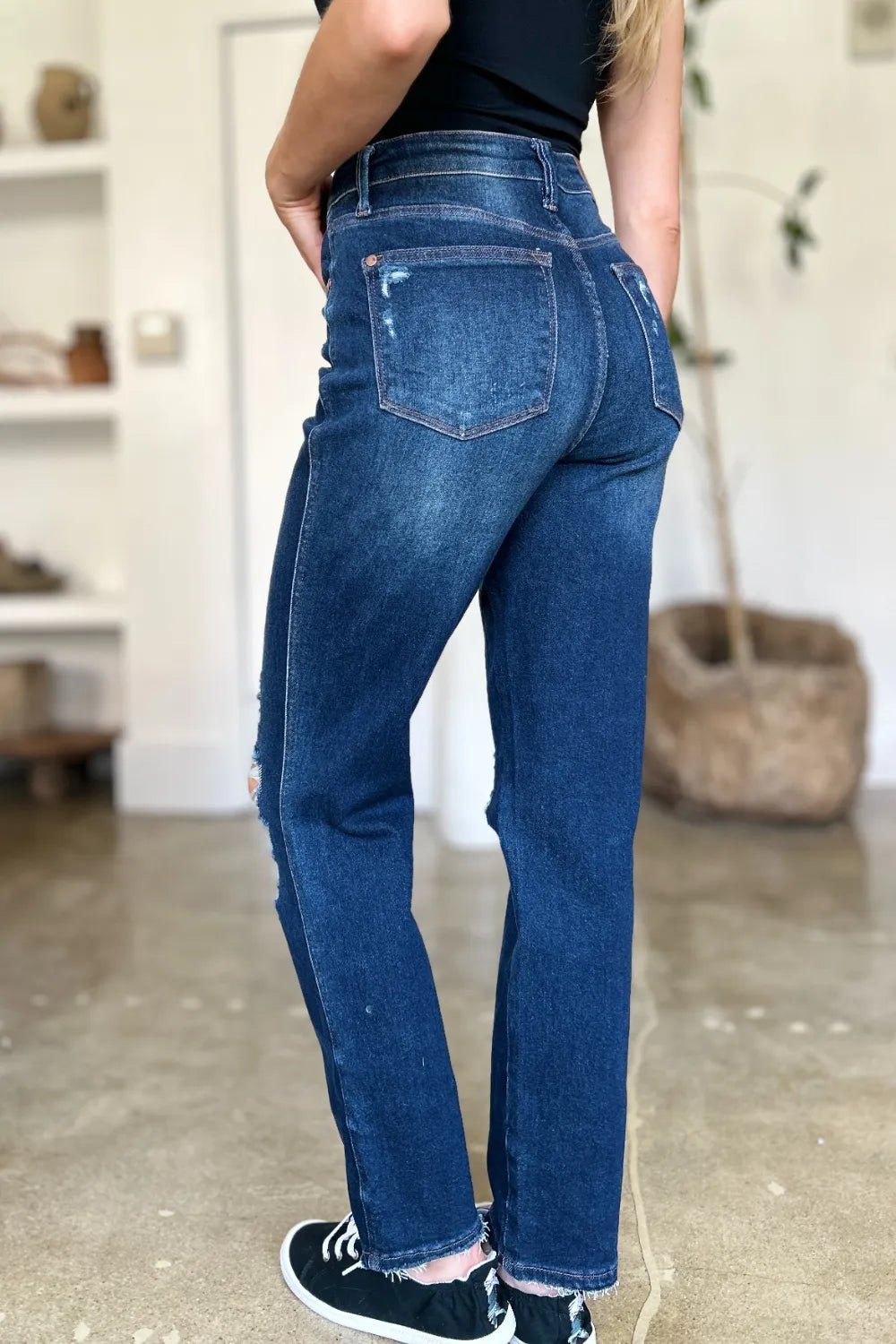 Judy Blue Full Size High Waist Rigid Magic Heavy Destroy Straight Jeans - Desert Sunday