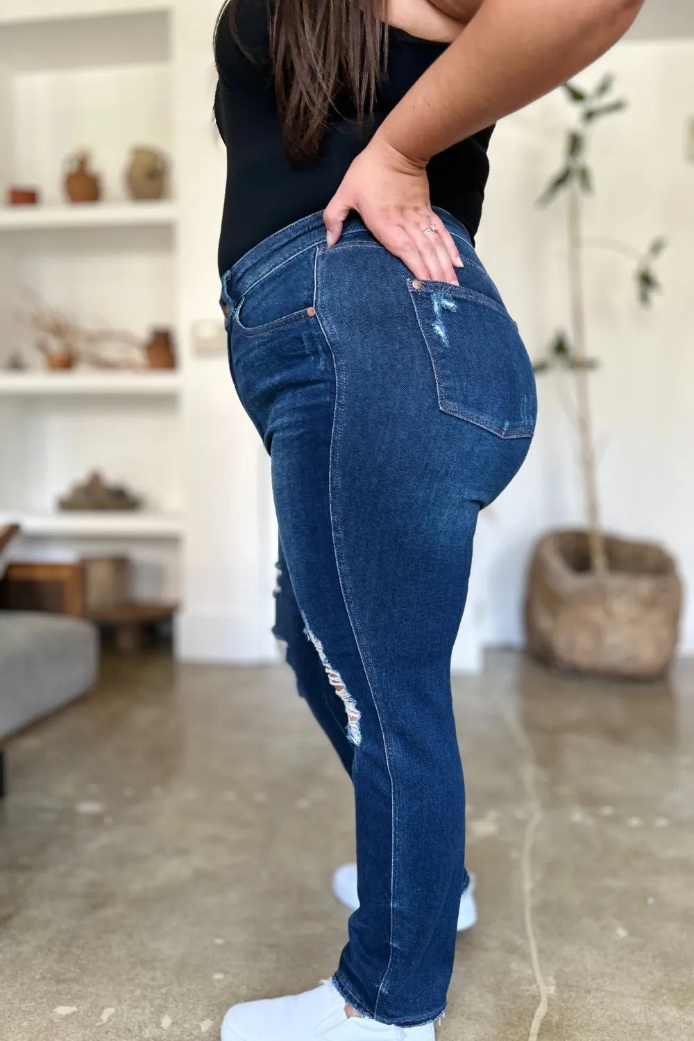 Judy Blue Full Size High Waist Rigid Magic Heavy Destroy Straight Jeans - Desert Sunday