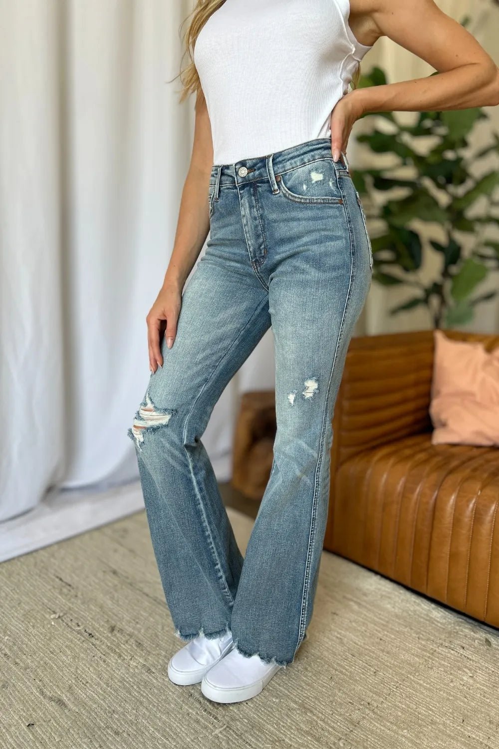 Judy Blue Full Size Medium Rise Tummy Control Destroy Flare - Desert Sunday