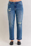 Judy Blue Full Size Mid Rise Bf Patch & Repair Destroy Release Hem Jeans Plus Size - Desert Sunday
