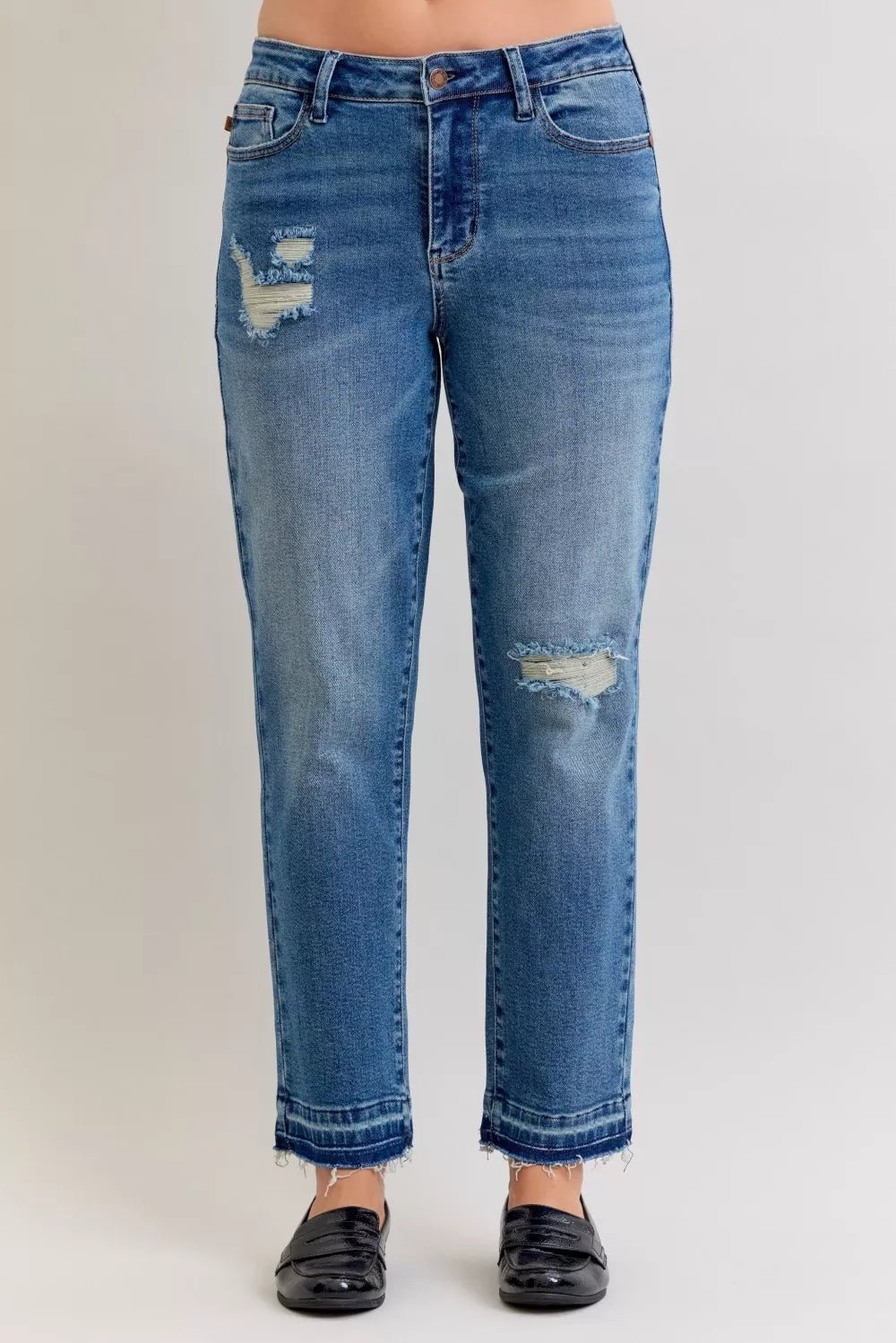 Judy Blue Full Size Mid Rise Bf Patch & Repair Destroy Release Hem Jeans Plus Size - Desert Sunday