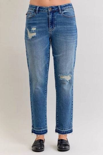 Judy Blue Full Size Mid Rise Bf Patch & Repair Destroy Release Hem Jeans Plus Size - Desert Sunday