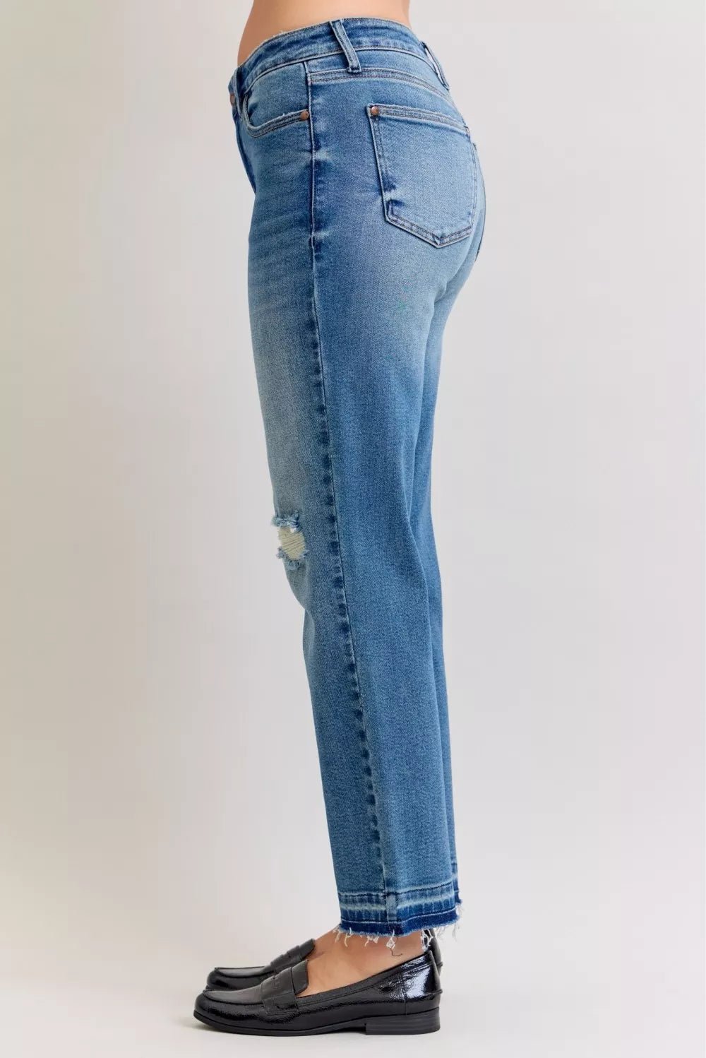 Judy Blue Full Size Mid Rise Bf Patch & Repair Destroy Release Hem Jeans Plus Size - Desert Sunday