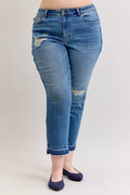 Judy Blue Full Size Mid Rise Bf Patch & Repair Destroy Release Hem Jeans Plus Size - Desert Sunday