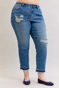 Judy Blue Full Size Mid Rise Bf Patch & Repair Destroy Release Hem Jeans Plus Size - Desert Sunday