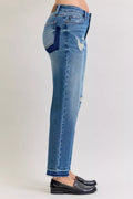 Judy Blue Full Size Mid Rise Bf Patch & Repair Destroy Release Hem Jeans Plus Size - Desert Sunday