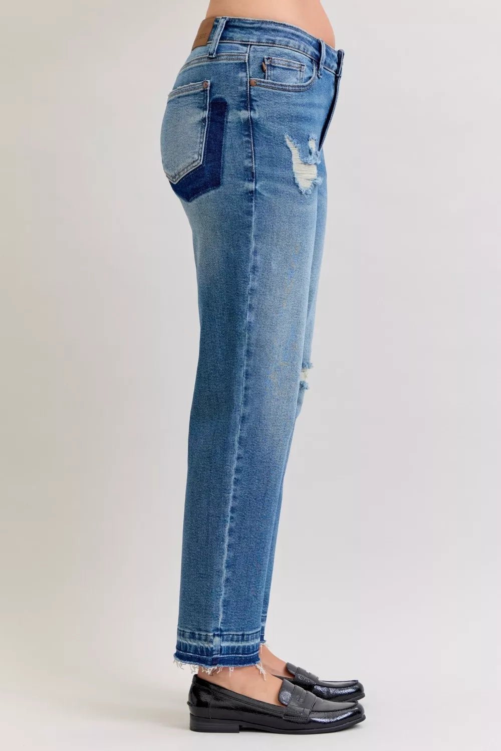Judy Blue Full Size Mid Rise Bf Patch & Repair Destroy Release Hem Jeans Plus Size - Desert Sunday