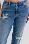 Judy Blue Full Size Mid Rise Bf Patch & Repair Destroy Release Hem Jeans Plus Size - Desert Sunday