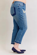 Judy Blue Full Size Mid Rise Bf Patch & Repair Destroy Release Hem Jeans Plus Size - Desert Sunday