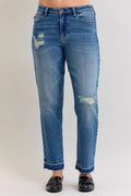 Judy Blue Full Size Mid Rise Bf Patch & Repair Destroy Release Hem Jeans Plus Size - Desert Sunday