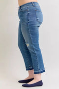 Judy Blue Full Size Mid Rise Bf Patch & Repair Destroy Release Hem Jeans Plus Size - Desert Sunday