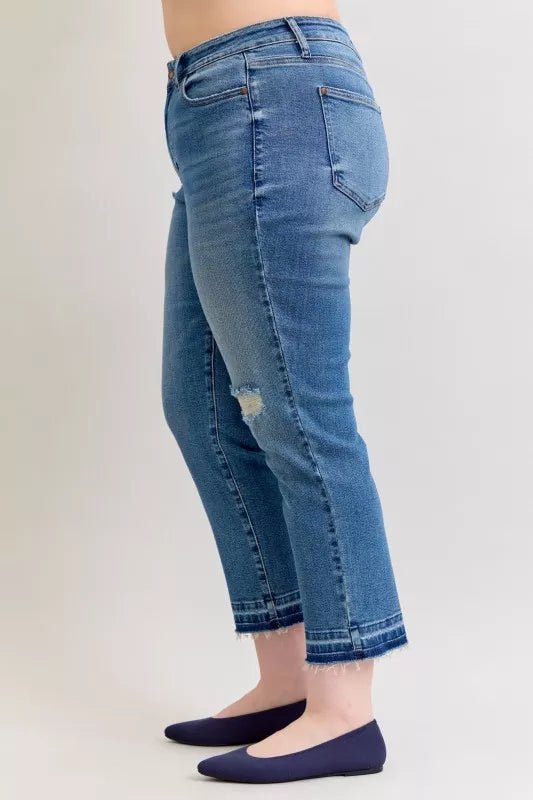 Judy Blue Full Size Mid Rise Bf Patch & Repair Destroy Release Hem Jeans Plus Size - Desert Sunday
