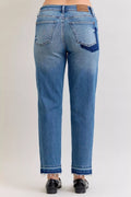 Judy Blue Full Size Mid Rise Bf Patch & Repair Destroy Release Hem Jeans Plus Size - Desert Sunday