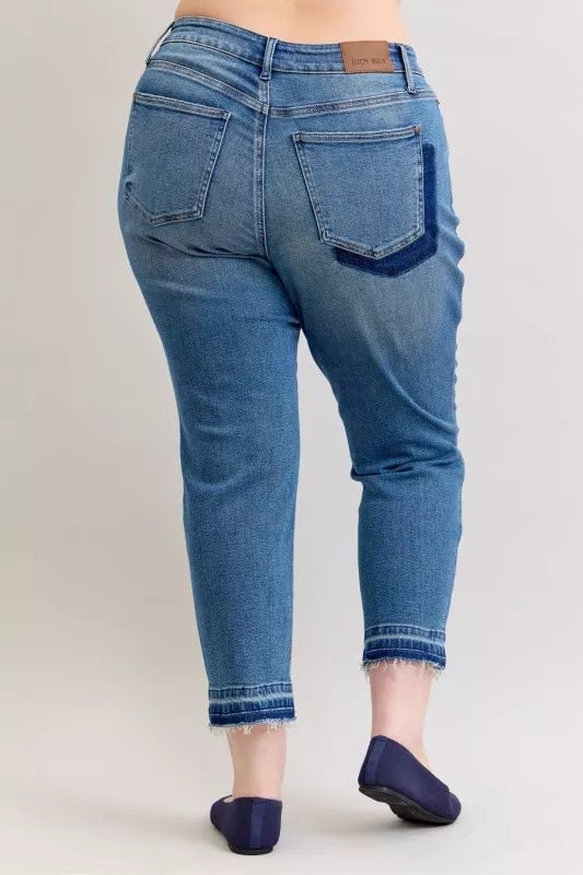 Judy Blue Full Size Mid Rise Bf Patch & Repair Destroy Release Hem Jeans Plus Size - Desert Sunday
