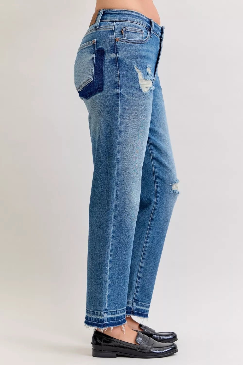 Judy Blue Full Size Mid Rise Bf Patch & Repair Destroy Release Hem Jeans Plus Size - Desert Sunday
